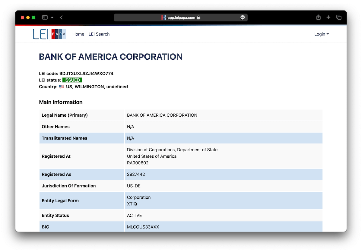 LEI data page of the Bank of America at LEIpapa