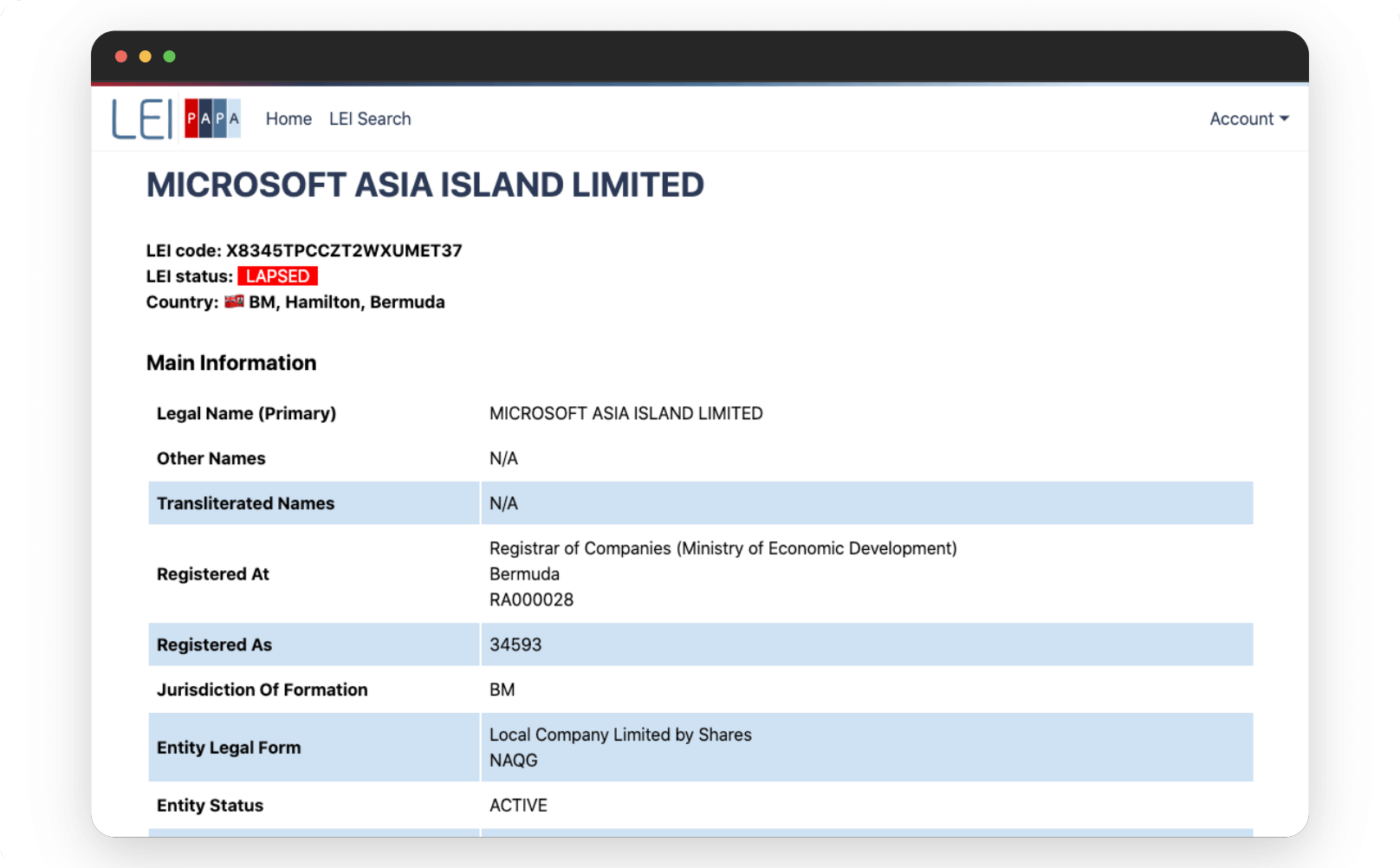 The LEIpapa’s LEI Search tool shows examples of LAPSED LEIs owned by Microsoft