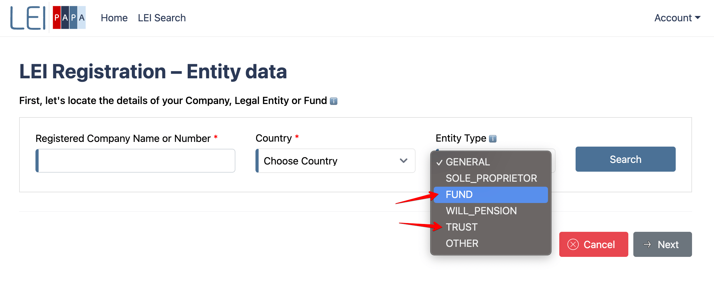 Specify your entity type as a FUND or TRUST during the registration process