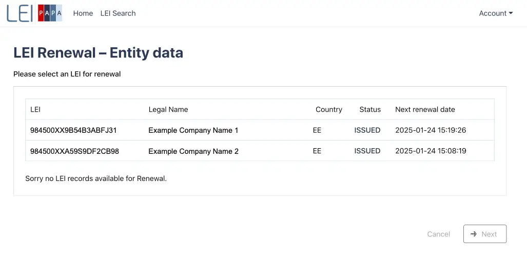 LEI Renewal screen in the LEIpapa dashboard